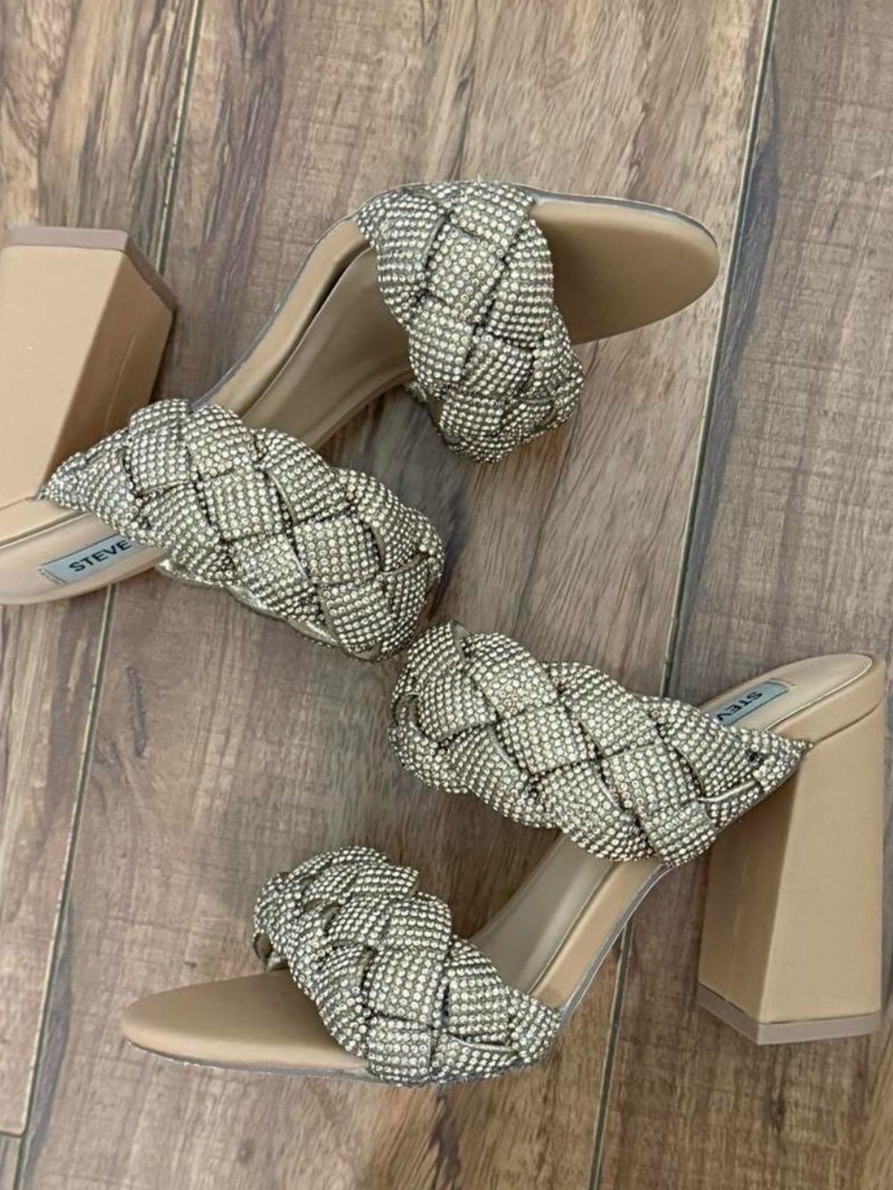Steve Madden Braided Crystal Two-Strap Block Heel Sandals in Nude/Gold